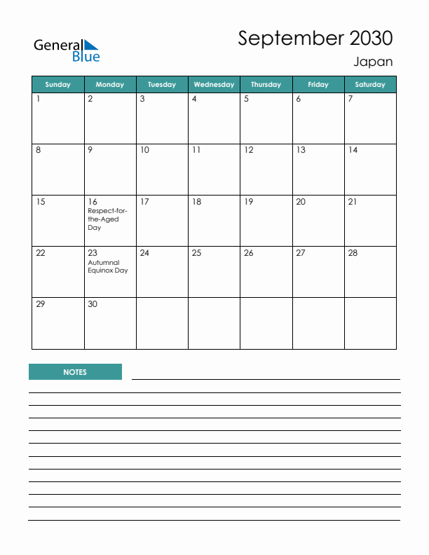 Calendar with Notes Printable - Sunday Start