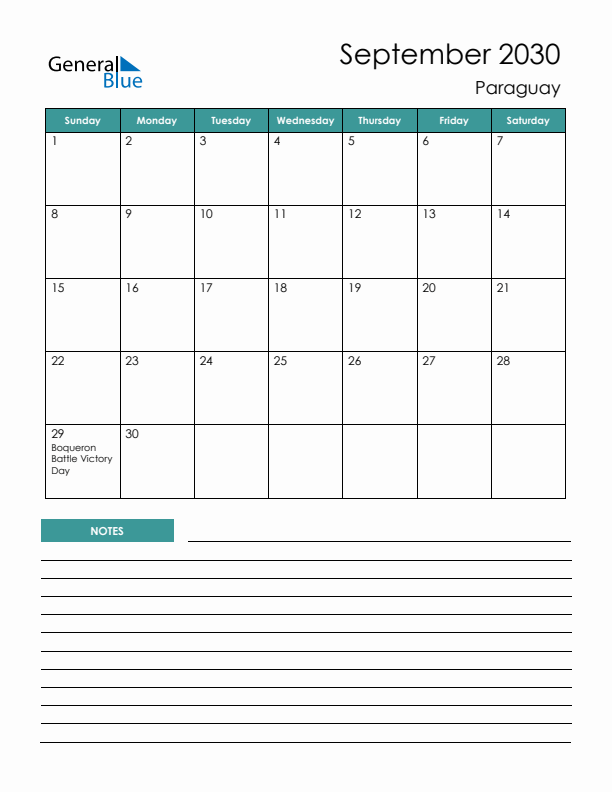 Calendar with Notes Printable - Sunday Start