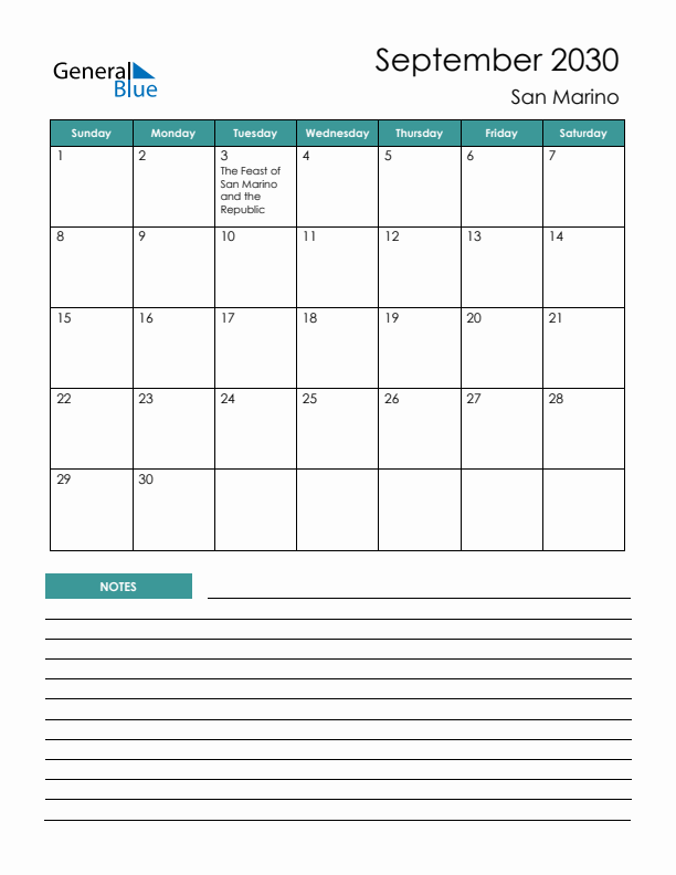 Calendar with Notes Printable - Sunday Start