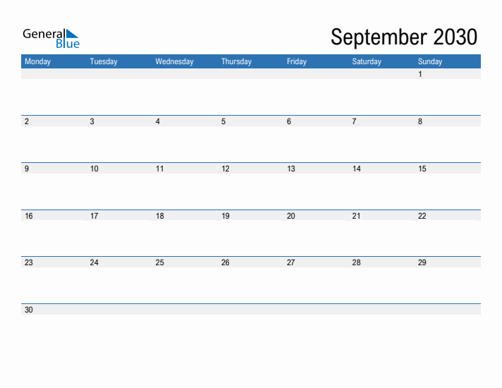 Fillable Calendar for September 2030