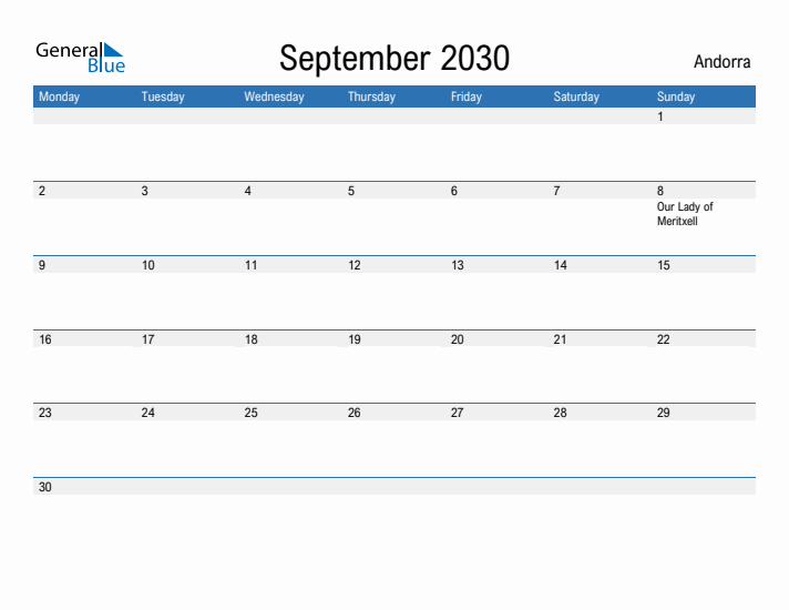 Fillable September 2030 Calendar