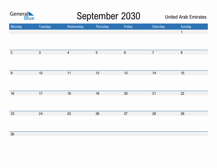 Fillable September 2030 Calendar