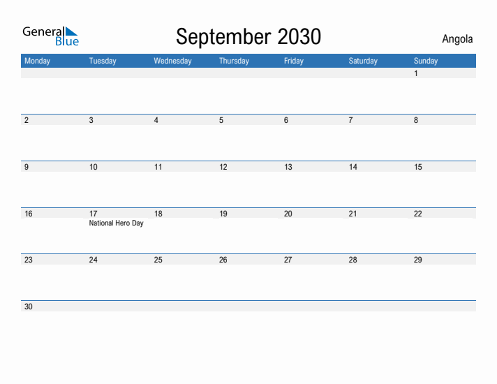 Fillable September 2030 Calendar