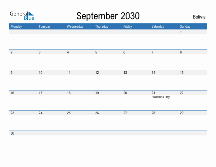 Fillable September 2030 Calendar