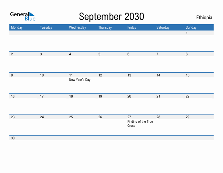 Fillable September 2030 Calendar