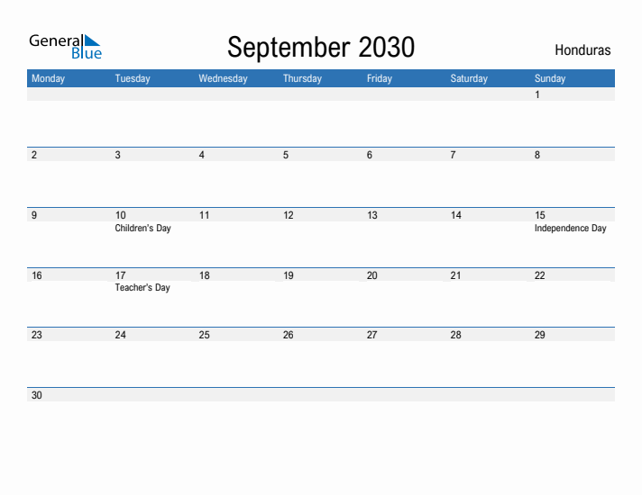 Fillable September 2030 Calendar