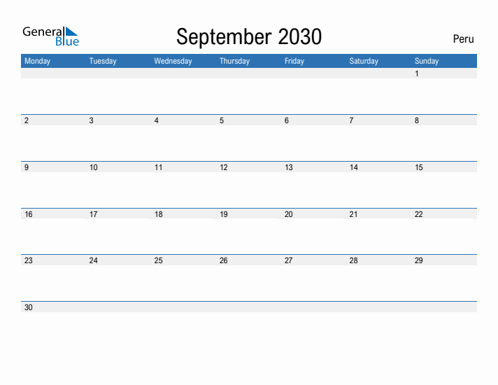 Fillable September 2030 Calendar