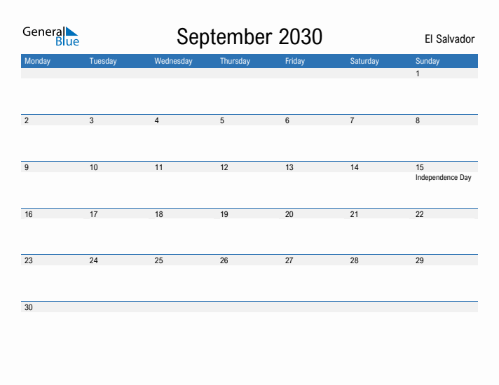 Fillable September 2030 Calendar