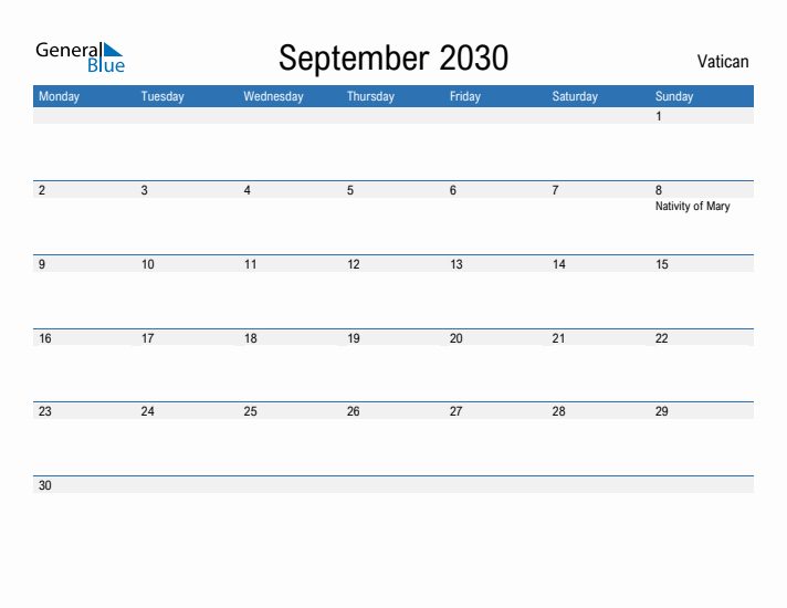 Fillable September 2030 Calendar