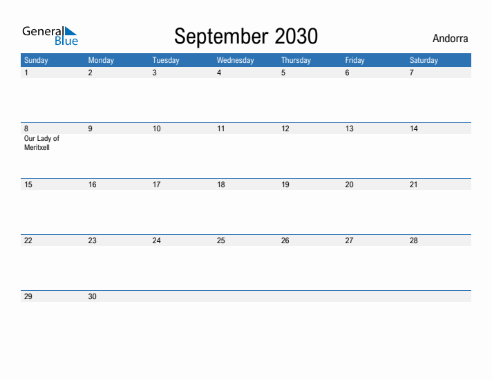 Fillable September 2030 Calendar