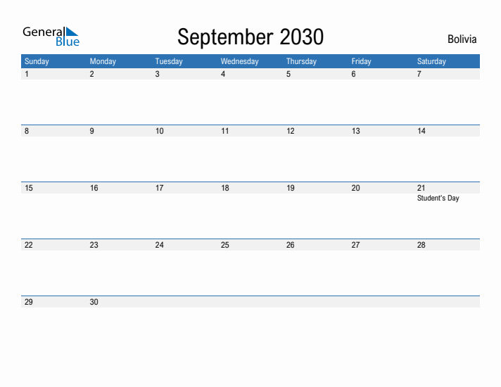 Fillable September 2030 Calendar