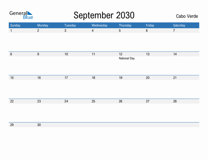 Fillable September 2030 Calendar