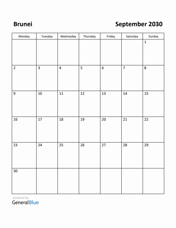 September 2030 Calendar with Brunei Holidays