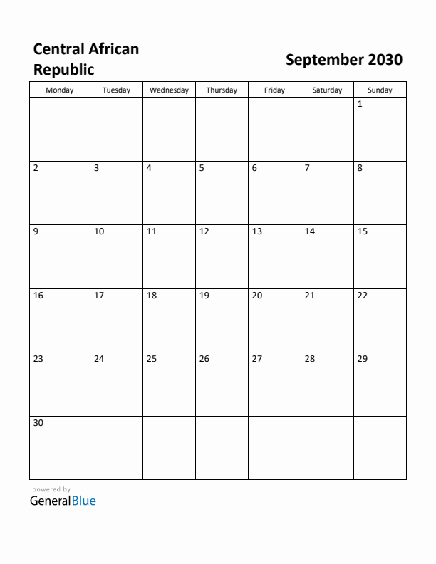 September 2030 Calendar with Central African Republic Holidays