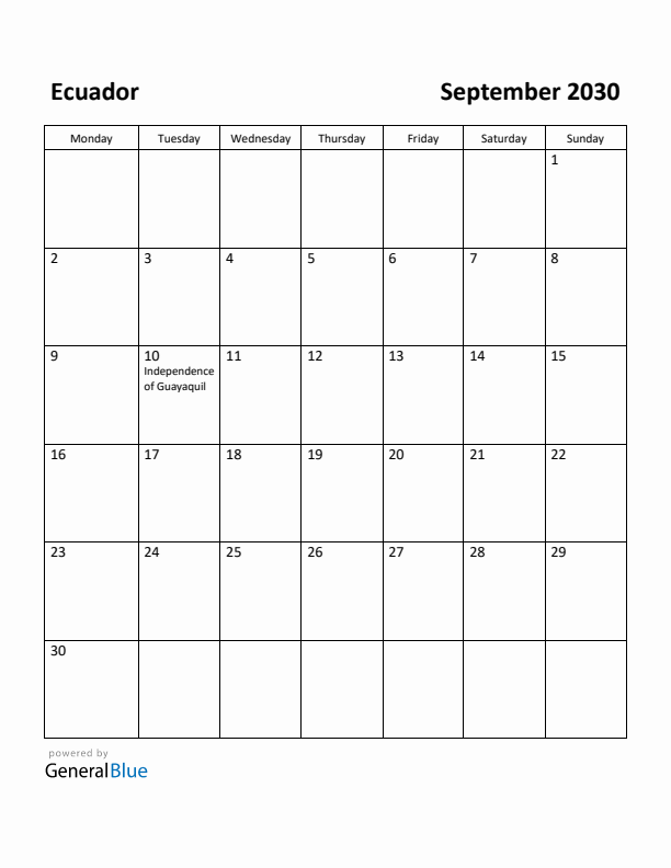 September 2030 Calendar with Ecuador Holidays