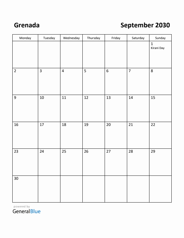 September 2030 Calendar with Grenada Holidays