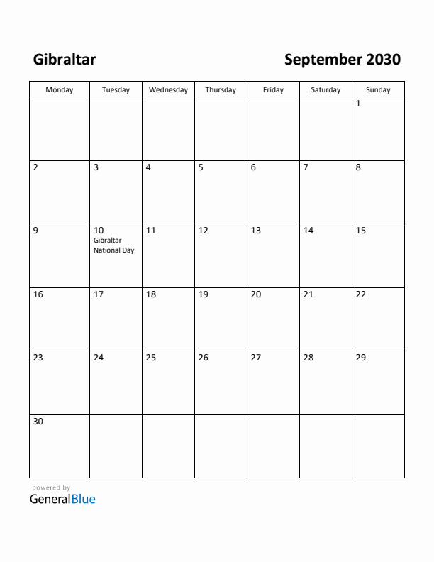 September 2030 Calendar with Gibraltar Holidays