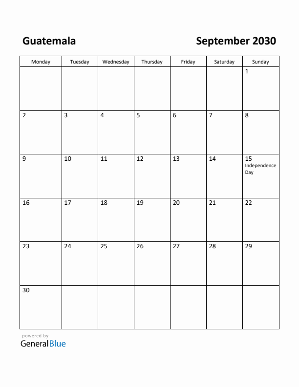 September 2030 Calendar with Guatemala Holidays