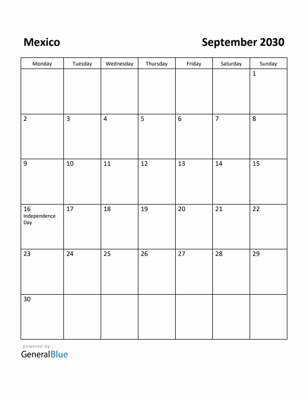 September 2030 Calendar with Mexico Holidays