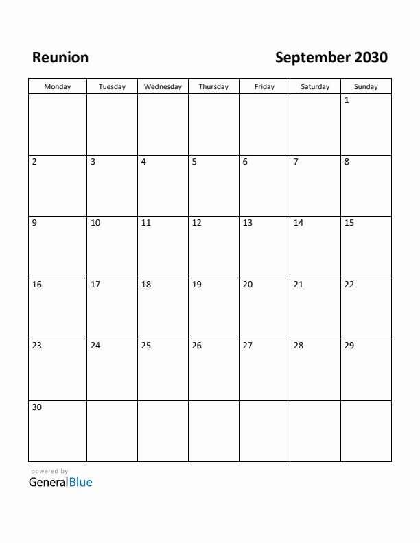 September 2030 Calendar with Reunion Holidays