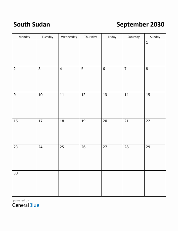 September 2030 Calendar with South Sudan Holidays