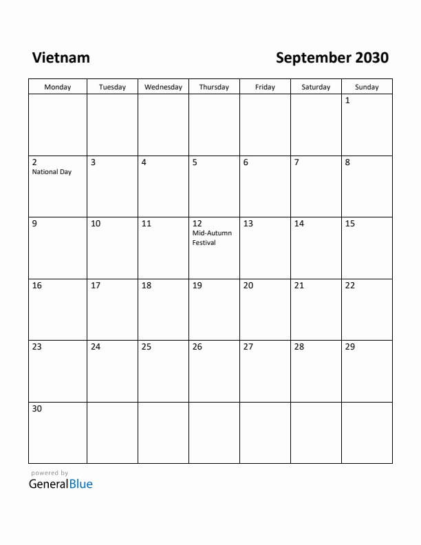 September 2030 Calendar with Vietnam Holidays