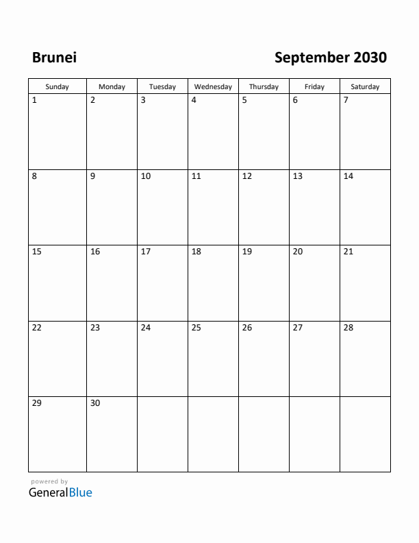 September 2030 Calendar with Brunei Holidays