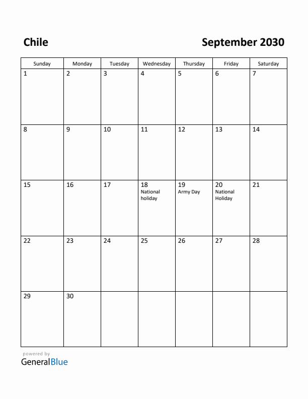 September 2030 Calendar with Chile Holidays