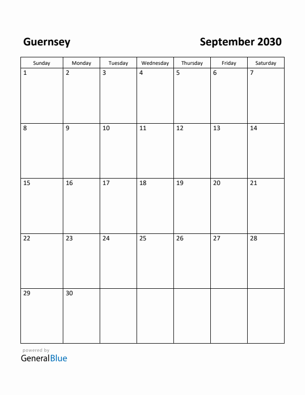 September 2030 Calendar with Guernsey Holidays