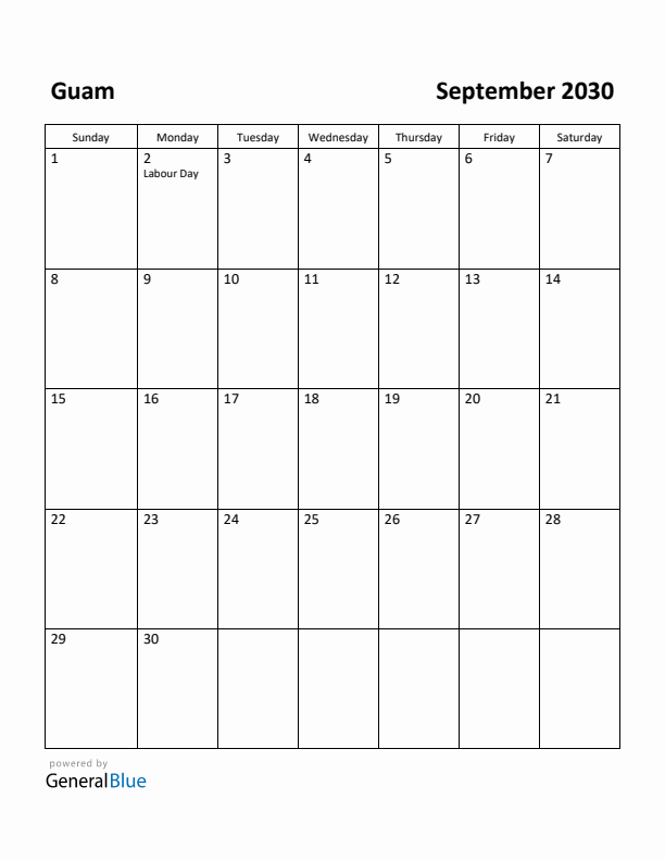 September 2030 Calendar with Guam Holidays