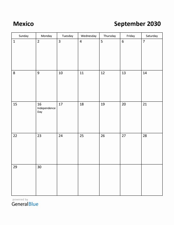 September 2030 Calendar with Mexico Holidays