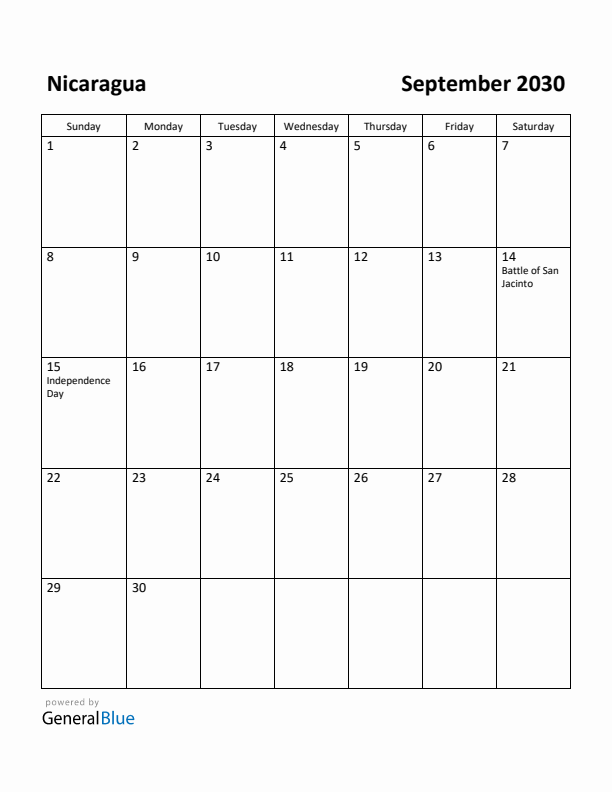 September 2030 Calendar with Nicaragua Holidays