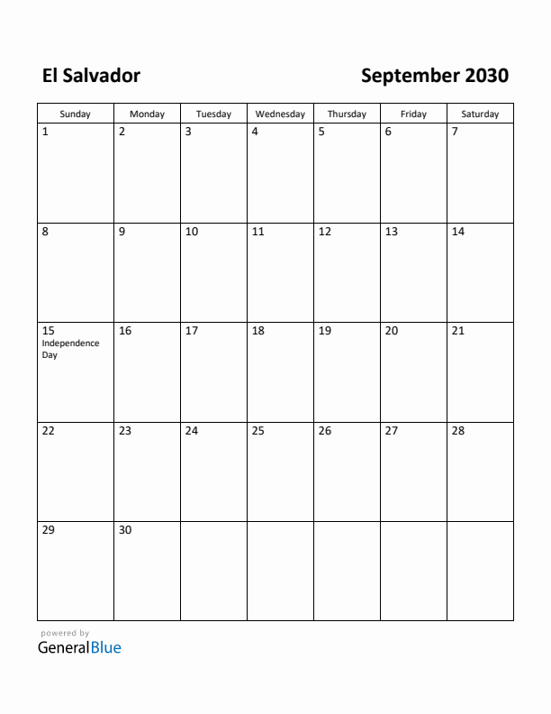 September 2030 Calendar with El Salvador Holidays