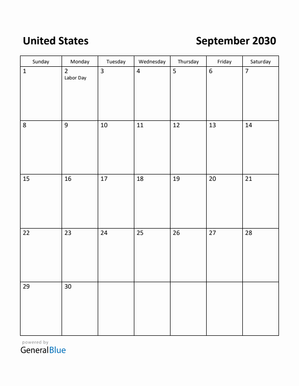 September 2030 Calendar with United States Holidays