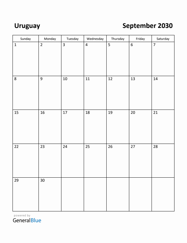 September 2030 Calendar with Uruguay Holidays