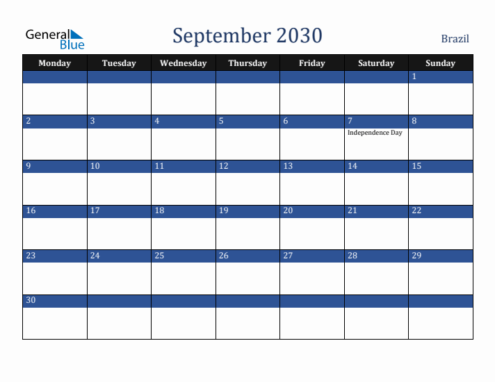 September 2030 Brazil Calendar (Monday Start)