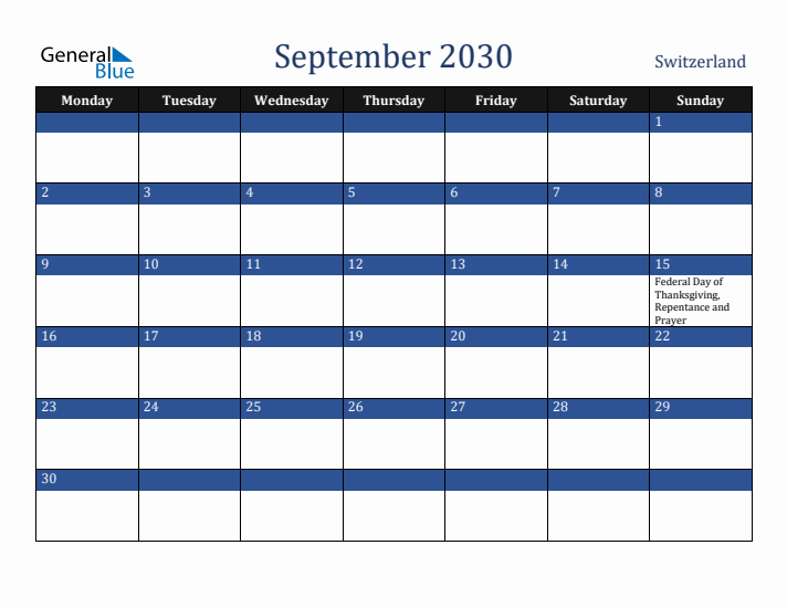 September 2030 Switzerland Calendar (Monday Start)