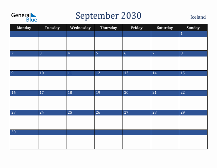 September 2030 Iceland Calendar (Monday Start)