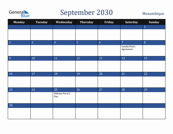 September 2030 Mozambique Calendar (Monday Start)