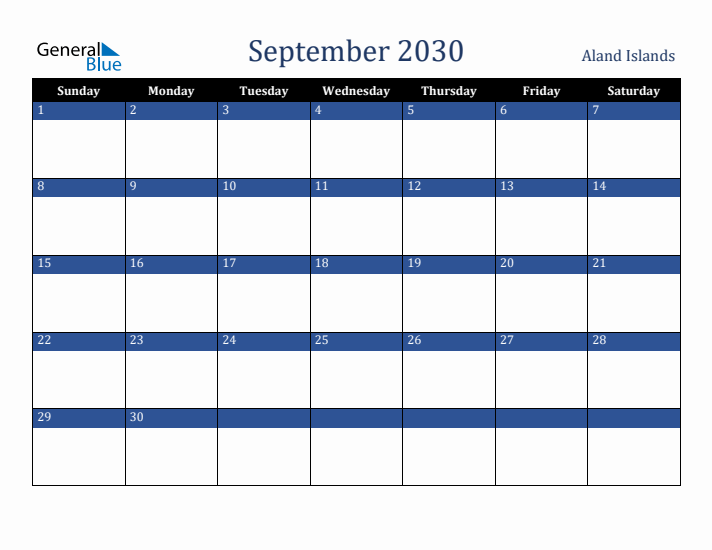 September 2030 Aland Islands Calendar (Sunday Start)