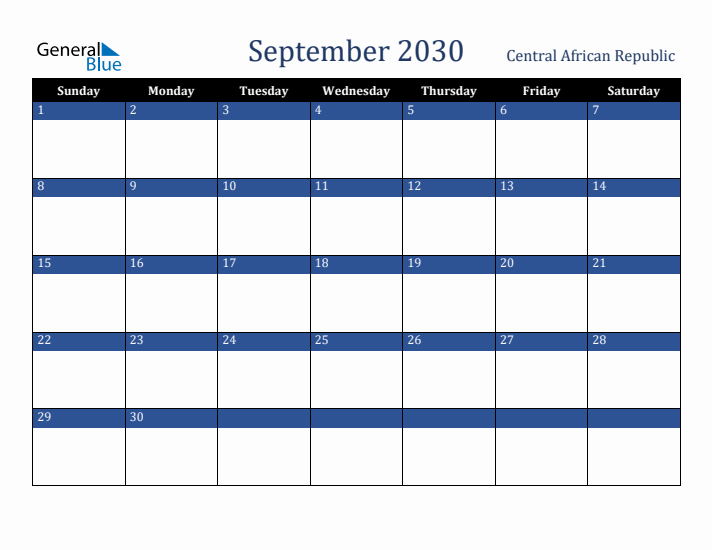 September 2030 Central African Republic Calendar (Sunday Start)