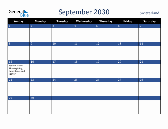 September 2030 Switzerland Calendar (Sunday Start)