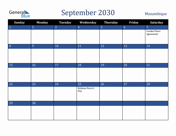 September 2030 Mozambique Calendar (Sunday Start)