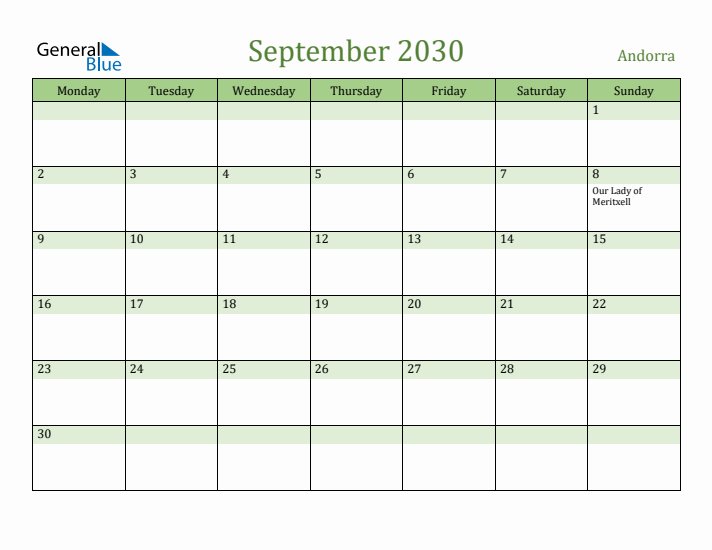 September 2030 Calendar with Andorra Holidays