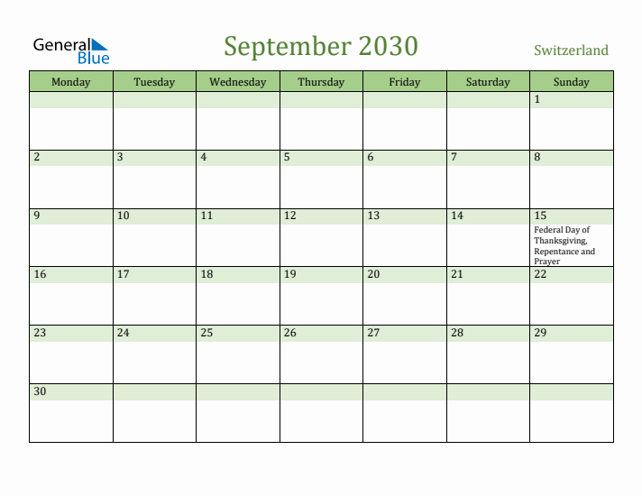 September 2030 Calendar with Switzerland Holidays