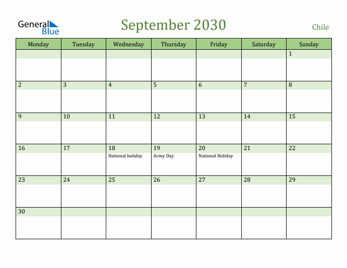 September 2030 Calendar with Chile Holidays