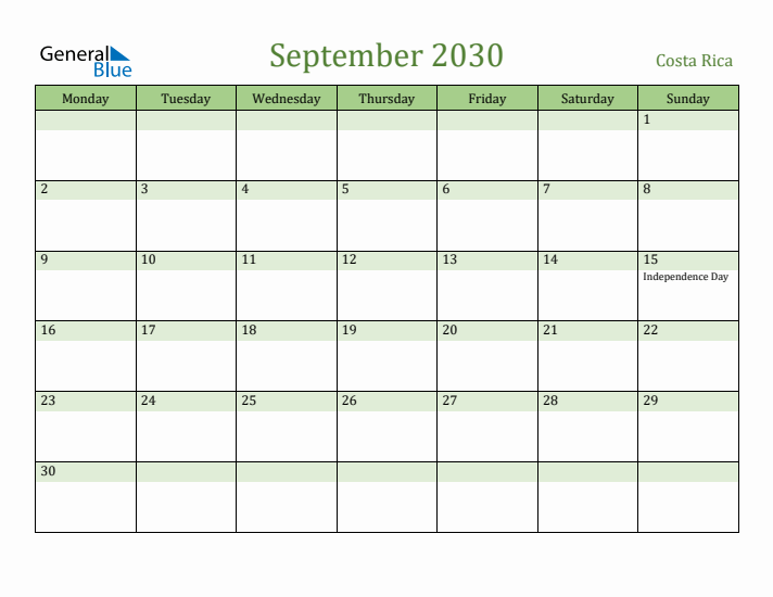 September 2030 Calendar with Costa Rica Holidays