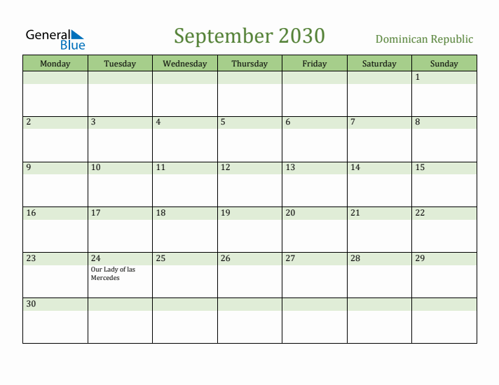 September 2030 Calendar with Dominican Republic Holidays