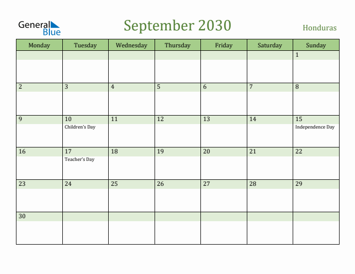 September 2030 Calendar with Honduras Holidays