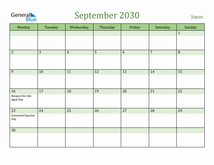 September 2030 Calendar with Japan Holidays